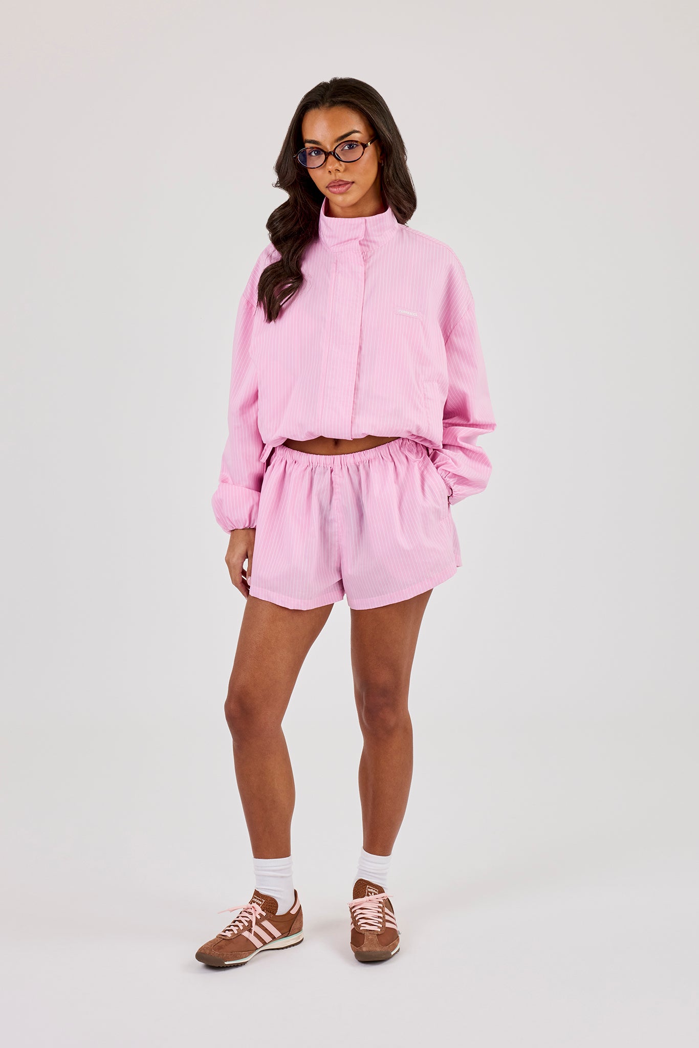 Stripe Nylon Funnel Neck Jacket & Short - Pink